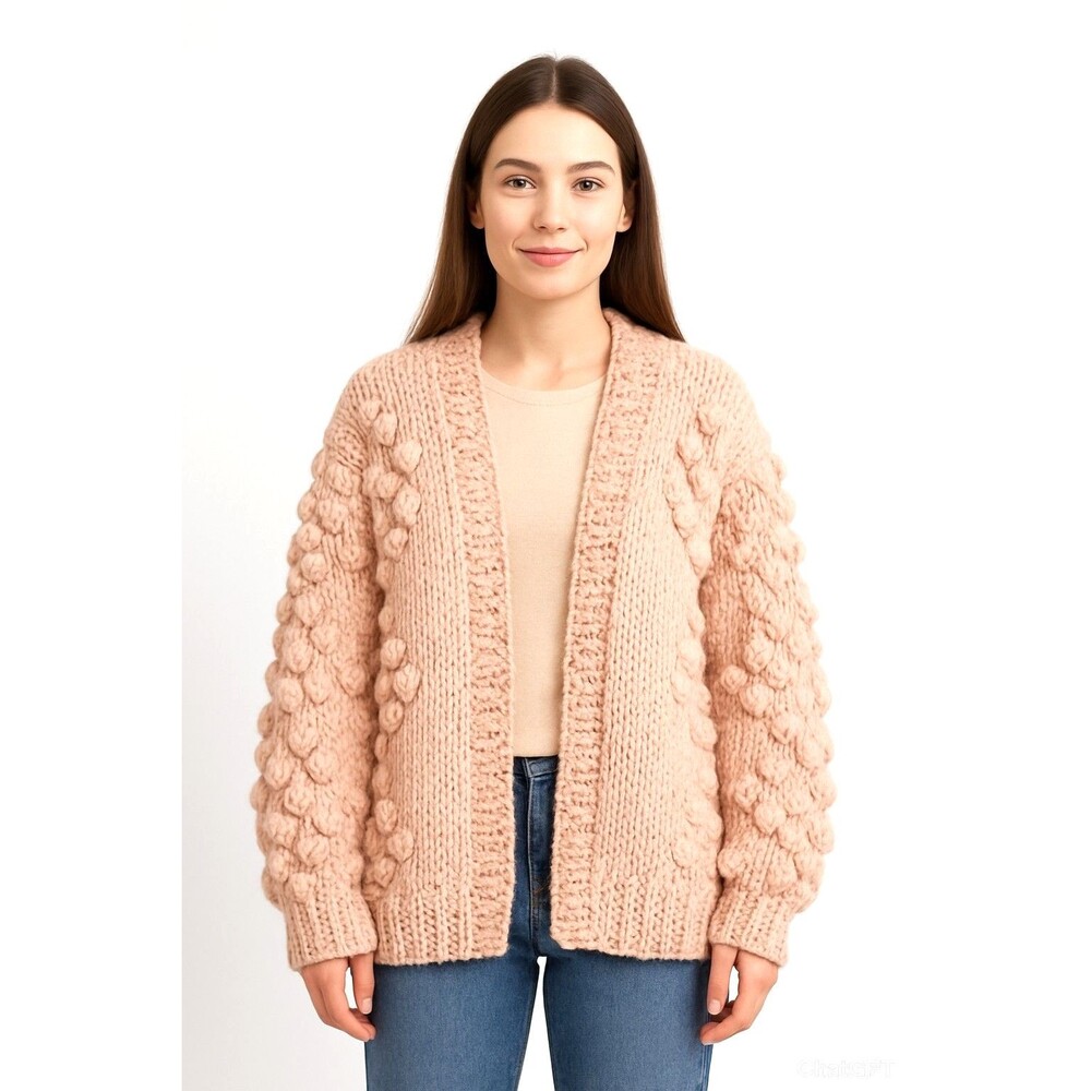 Chicwish Cottage Core Handmade Wool PINK Chunky Knit Sweater Cardigan Pom Pom